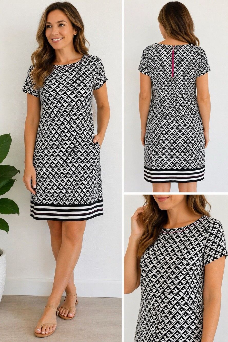 Hatley Geometric Print Dress M Black White Stretch Shift Striped Hem